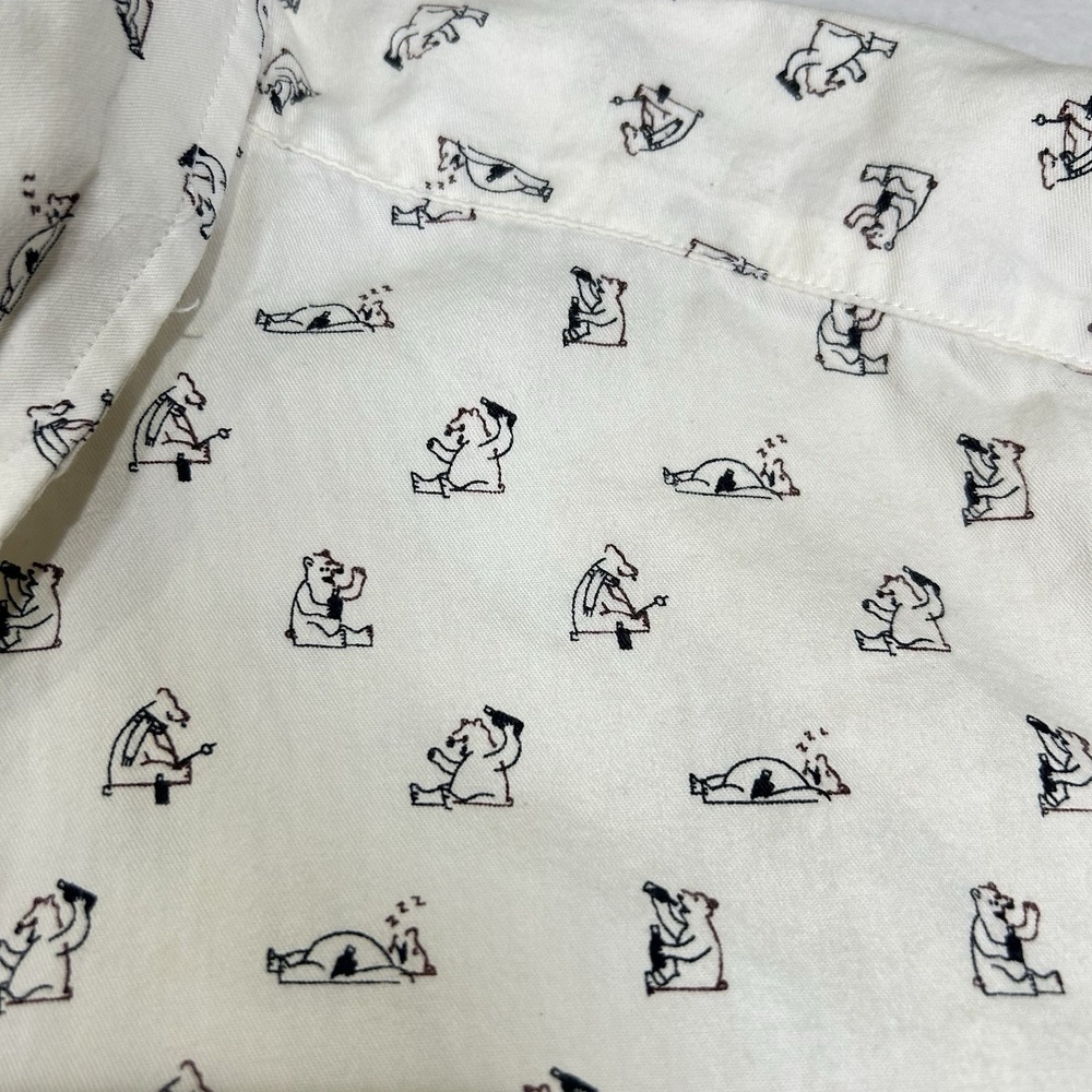 Far Afield Mens‎ Large Button Up Shirt Drunk Bear Print Ivory Long Sleeve Size 3 - Picture 5 of 6